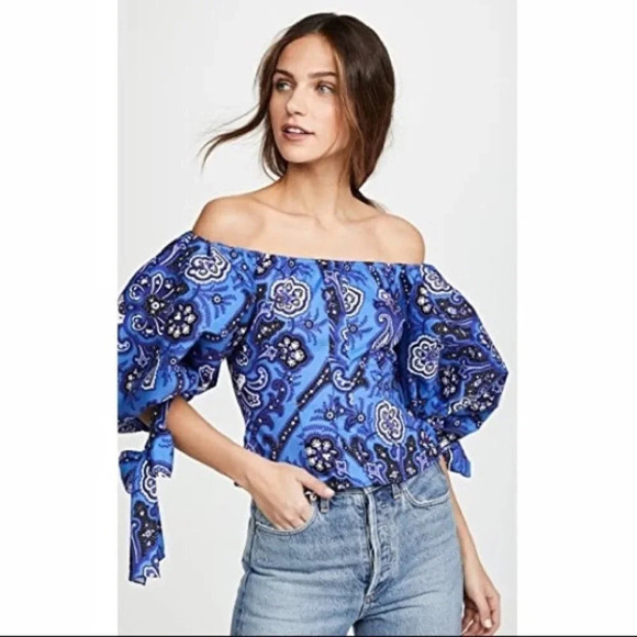 NWT Caroline Constas Nella Paisley Floral Off the Shoulder Puff Sleeve Top Blue - Picture 10 of 10